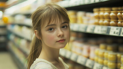 Candid Portrait of a Teenage Girl Shopping in a Grocery Store Aisle
