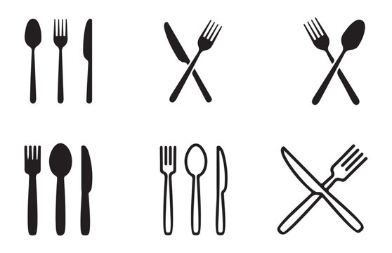 Food, plate, fork, knife, spoon, cutlery icon set. Black simple illustration for dinner, eating food, cafe, restaurant. Illustration EPS 10