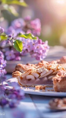 A warm slice of homemade apple pie on a white plate, topped with powdered sugar, soft pastel tones, an out-of-focus lattice pie in the background, and hints of spring blossoms