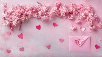 Fototapeta premium A Symphony of Softness: A Harmonious Blend of Pale Pink Roses, Carnations, and Heart-Shaped Accents, Arranged on a Gentle Pink Background, Evoking Feelings of Serenity and Love.