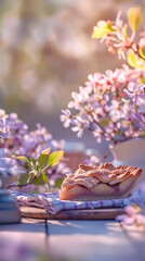A warm slice of homemade apple pie on a white plate, topped with powdered sugar, soft pastel tones, an out-of-focus lattice pie in the background, and hints of spring blossoms