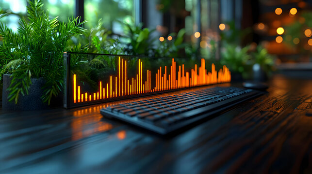 Modern Workspace with Audio Visualizer and Lush Greenery