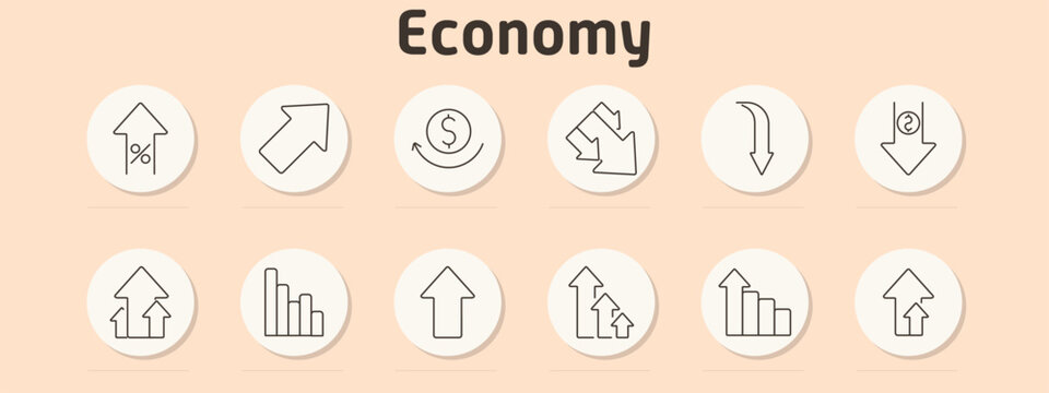 Economy set icon. Percent increase, upward arrow, currency cycle, double arrows, downward curve, financial decrease, growth bar, rising trend, growth arrows, upward curve, bar graph increase, movement