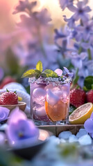 A glass of clear herbal mocktail garnished with a fresh mint leaves. Blurred background, delicate blooms, fresh fruits, and lush green foliage, dreamy spring vibe