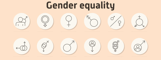 Gender equality set icon. Male and female, female symbol, male symbol, transgender, equality line, combined arrows, equality, inclusive, gender symbol, person with gender mark, community, identity