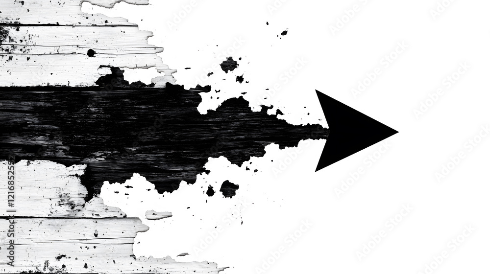 Poster A bold black arrow points right, surrounded by splashes of black paint against a stark white background, creating a dynamic visual contrast
