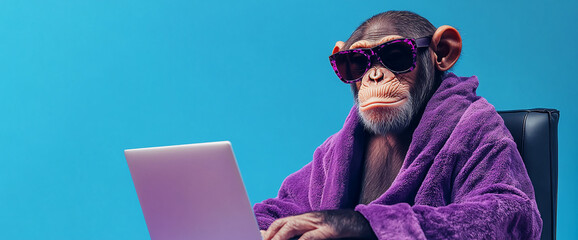 Funny Chimpanzee in Purple Robe Working on Laptop Against Blue Background