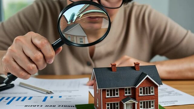 Woman, looking with magnifying glass at house model for real estate, investment and property research. Person, inspection and planning with home, building and analysis for architecture