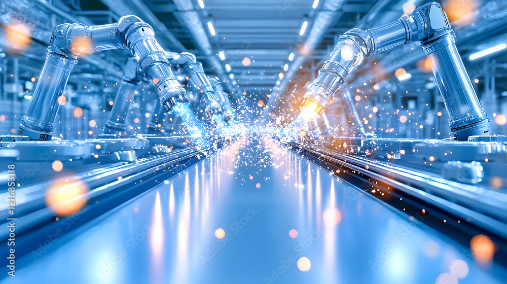 Aufkleber a futuristic industrial setting showcasing robotic arms and sparks, highlighting advanced automation