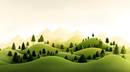 A serene landscape featuring lush green hills, stylized trees, and soft light, creating a peaceful and natural environment