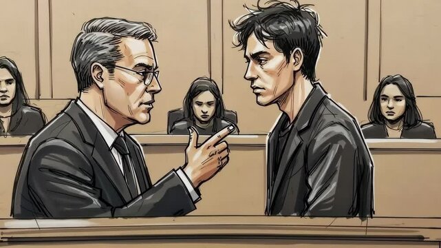 Lawyer, talking and pointing with defendant in courtroom for law, justice and legal case, person and illustration with argument for trial, crime and verdict