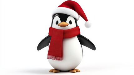 Fototapeta premium Cute Penguin in Christmas Hat and Scarf for Holiday Illustrations