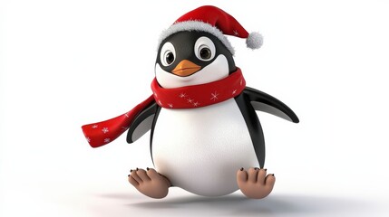 Adorable Cartoon Penguin in Christmas Hat and Red Scarf
