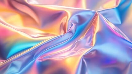 A smooth, iridescent fabric texture with vibrant colors swirling gently. The interplay of light creates soft reflections, inviting a sense of depth and allure in a dynamic composition.