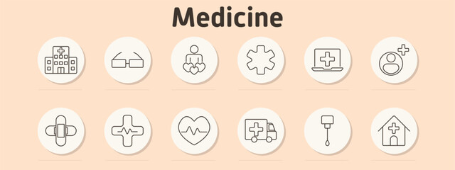 Medicine set icon. Hospital building, glasses, person with hearts, medical cross, laptop with cross, user with cross, bandage, heart rate, ambulance, IV drip, clinic building