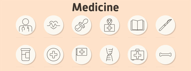 Medicine set icon. Mobile with cross, medicine bottle, medical book, heartbeat, medical cross, pillow with clock, first-aid kit, cross symbol, heart with cross, prescription bottle.