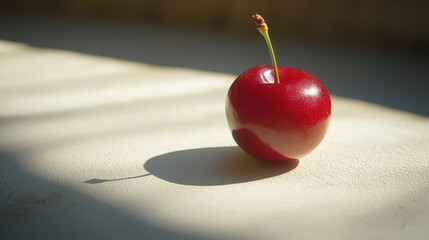 Sunlit cherry, shadow, table, background blinds, food photography