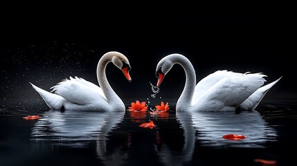 A lovely 3D cartoon swan couple swimming in a heart-shaped pond surrounded by flowers, Ultra-Realistic, Photo Realistic, highly detailed, 