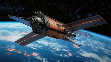 Obraz premium Satellite orbiting Earth, night view, city lights below, space exploration