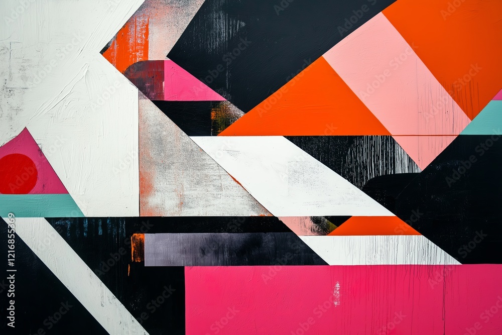 Poster A composition featuring sharp angles, overlapping shapes, and contrasting colors.