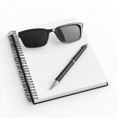 Sunglasses, pen, notepad; white background; planning