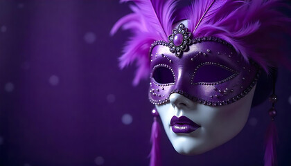 A decorative purple mask hanging against a starry purple background,Venetian carnival mask, created with generative ai