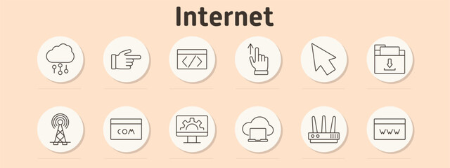 Internet set icon. Cloud, finger pointing, coding, hand swiping up, arrow pointer, file download, antenna, domain name, computer gear, laptop cloud, router, web page.