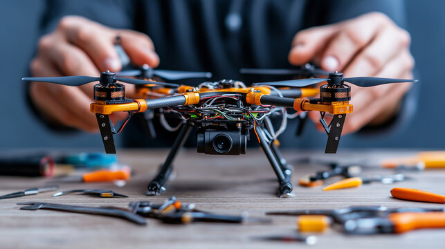 Detailed close-up of hands carefully assembling a drone amidst various tools on a workbench in a workshop environment
