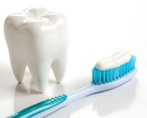 Polished tooth and bristled toothbrush on a neutral background, showcasing fresh, healthy teeth and proper care.
