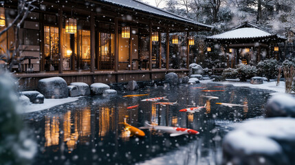 A serene Japanese-style snowy garden with traditional wooden pavilions, softly illuminated by hanging lanterns. A frozen koi pond reflects the vibrant hues of a winter sunset, and a gentle snowfall ad