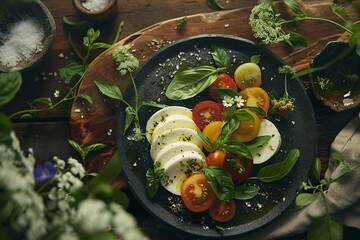 Photo of a plate with caprese salad beautifully served on irregulary shaped hand-thrown ceramic plate with an earthy glaze, eco-style, local farm products, wooden serving board and a natural linen nap