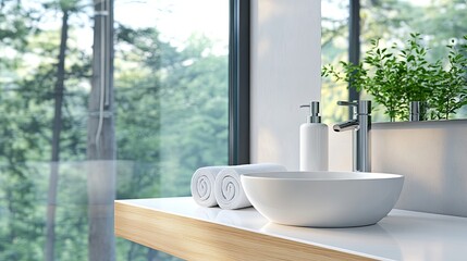 Fototapeta premium Bright and airy bathroom interior features a chic soap dispenser, fresh flowers, and neatly stacked towels for a peaceful atmosphere
