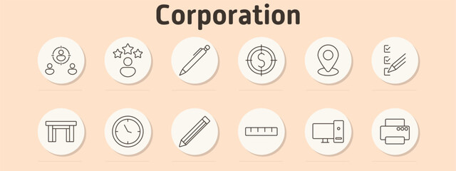 Fototapeta premium Corporation set icon. Team, star rating, pen, dollar target, location, checklist, desk, clock, pencil, ruler, computer, printer