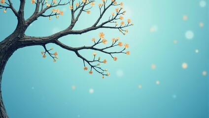 Obraz premium Stylized Tree Branch with Pale Yellow Blossoms and Light Blue Background