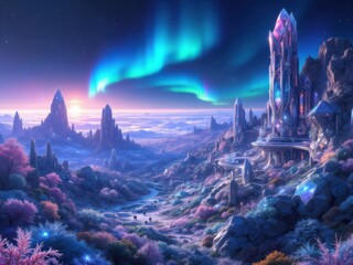 Mystical Futuristic Landscape with Aurora and Crystal Towers"