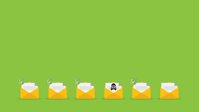 	
Email / envelope with black document and skull icon. Virus, malware, email fraud, e-mail spam, phishing scam, hacker attack concept.