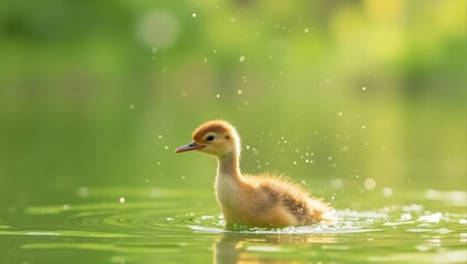 Obraz premium Duckling Swimming in Green Water