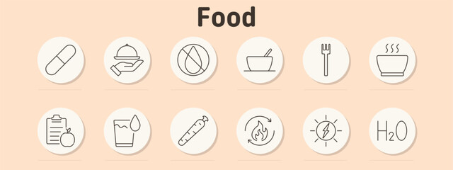 Food set icon. Capsule, plate with dish, no entry, bowl, fork, steaming soup, clipboard with apple, glass of water, sausage, flame, energy, H2O
