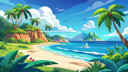 Fototapeta na wymiar Tropical Beach Paradise with Lush Palm Trees and Vibrant Turquoise Water