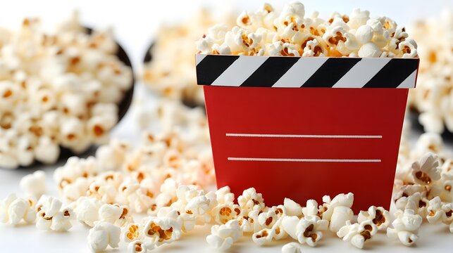 Movie clapperboard pairs with red popcorn bucket against pure white background, creating classic cinema theme with scattered kernels and crisp details.