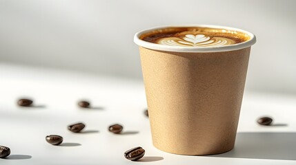 Brown paper coffee cup features white coffee bean logo against pure white wall, embodying modern takeaway beverage concept with minimalist design approach.