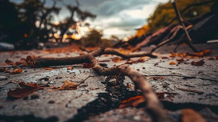 Fototapeta premium Broken tree branch on cracked pavement surrounded by scattered leaves and debris, depicting aftermath of strong winds and stormy weather, environmental damage concept.