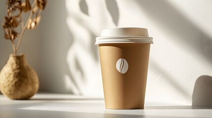 Brown paper coffee cup features white coffee bean logo against pure white wall, embodying modern takeaway beverage concept with minimalist design approach.