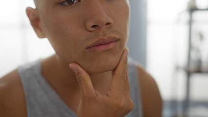 Young man examines his face with a thoughtful expression in a wellness spa room, showcasing an attractive adult in an indoor salon setting.