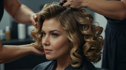 Fototapeta premium Female hairdresser curling hair of client in beauty salon, closeup,generative ai