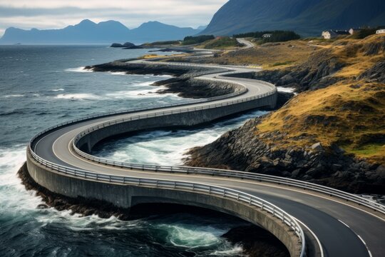 The iconic atlantic ocean road connects averoy with the mainland, creating a scenic drive across bridges and islets