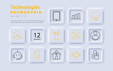Technologies set icon. Digital solutions, cloud storage, mobile devices, data management, artificial intelligence, automation, connectivity, security, analytics, remote access