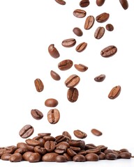 Naklejka premium Coffee beans suspended in mid-air on a neutral background, illustrating the freshness and quality of the coffee.