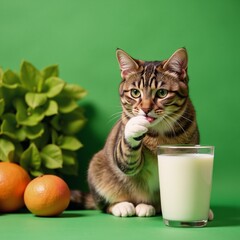 A cat licks a cup of plant-based milk amidst green and vegan motifs celebrating World Vegan Day