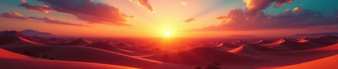 Desert sunrise with holographic horizon stretching into the sky, hologram, optical